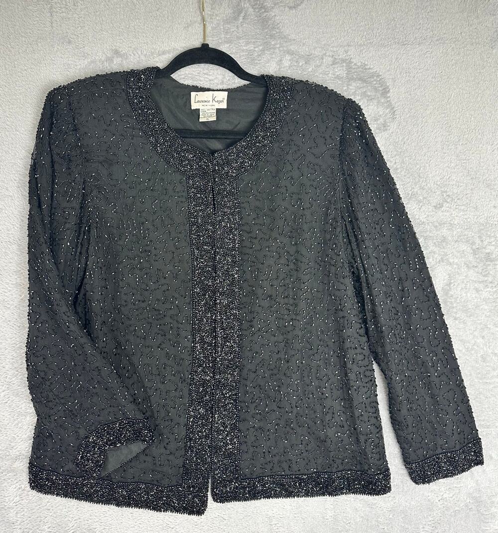 Vintage Laurence Kazar XL 100% Silk Black Beaded Evening Jacket Top